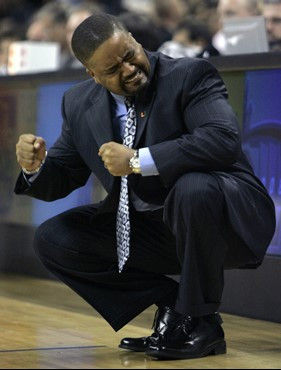 Frank Haith reacts as his team plays North Carolina State. (AP Photo/Gerry Broome)
