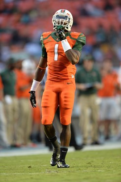 University of Miami Hurricanes defensive back Artie Bums #1 plays in a game against the Florida A&M Rattlers at Sun Life Stadium on September 6, 2014....