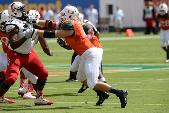 University of Miami Hurricanes defensive lineman Anthony Chickillo #71 plays in a game against the Cincinnati Bearcats at Sun Life Stadium on October...