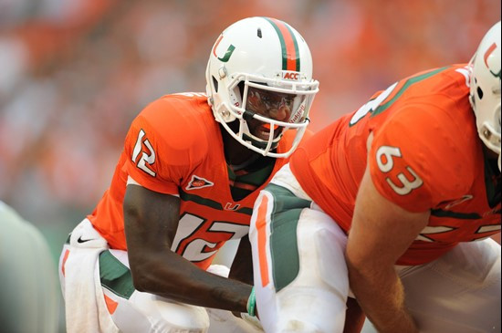 University of Miami Hurricanes quarterback Jacory Harris #12 before a game against the Kansas State Wildcats at Sun Life Stadium on September 24,...