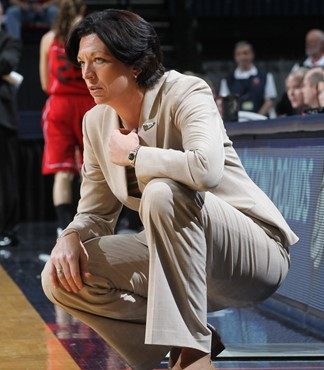 Miami head coach Katie Meier watches a play during the game against Gardner-Webb in the first round of the NCAA women's college basketball tournament...