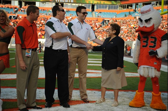 University of Miami President Donna Shalala accepts a 5 million dollar gift to establish the Schwartz Center for Athletic Excellence during a game...