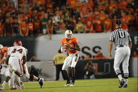 University of Miami Hurricanes quarterback Jacory Harris #12 plays in a game against the Oklahoma Sooners at Land Shark Stadium on October 3, 2009....