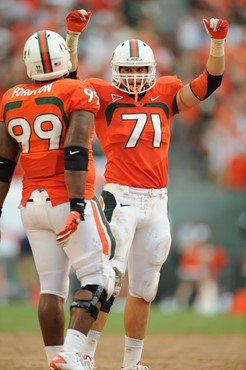 University of Miami Hurricanes defensive lineman Anthony Chickillo #71 plays in a game against the Kansas State Wildcats at Sun Life Stadium on...