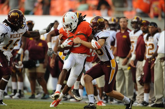 University of Miami Hurricanes wide receiver Travis Benjamin #3 plays in a game against the Bethune Cookman Wildcats at Sun Life Stadium on October 1,...