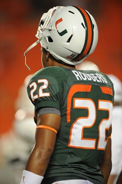 University of Miami Hurricanes defensive back Kacy Rodgers #22 plays in a game against the North Carolina Tar Heels at Sun Life Stadium on October 23,...