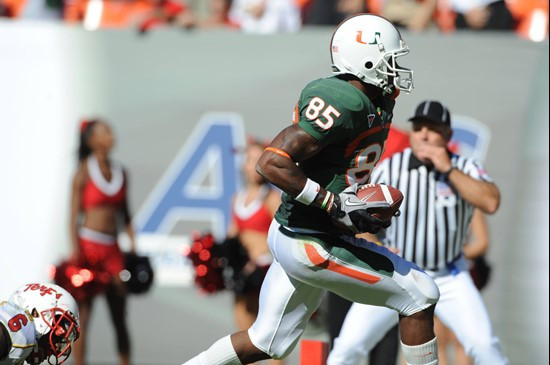 University of Miami Hurricanes wide receiver Leonard Hankerson #85 scores the winning touchdown with 30 seconds remaining in a game against the...