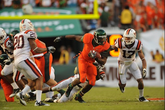 University of Miami Hurricanes running back Lamar Miller #6 carries the ball against the Virginia Tech Hokies at Sun Life Stadium on November 20,...