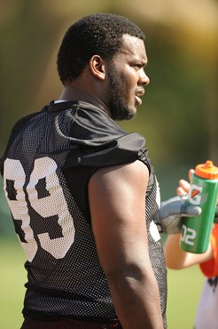 University of Miami defensive lineman, Marcus Forston #99, in his first spring practice at Greentree Practice fields on March 5, 2011 on the...