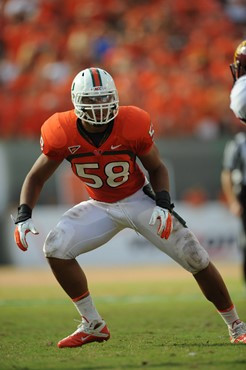 University of Miami Hurricanes linebacker Jordan Futch #58 plays in a game against the Bethune Cookman Wildcats at Sun Life Stadium on October 1,...