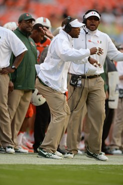 University of Miami Hurricanes linebackers coach Michael Barrow on the sidelines in a game against the Virginia Cavaliers at Sun Life Stadium on...