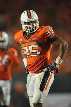 University of Miami Hurricanes defensive lineman Olivier Vemon #35 plays in a game against the FAMU Rattlers at Sun Life Stadium on September 2, 2010....