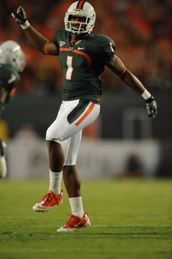 University of Miami Hurricanes defensive back Brandon Harris #1 celebrates after making a tackle in a game against the North Carolina Tar Heels at Sun...