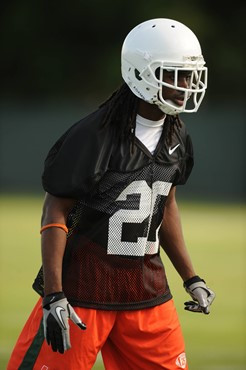 University of Miami defensive back, Thomas Finnie #20, in his first spring practice at Greentree Practice fields on March 5, 2011 on the University of...