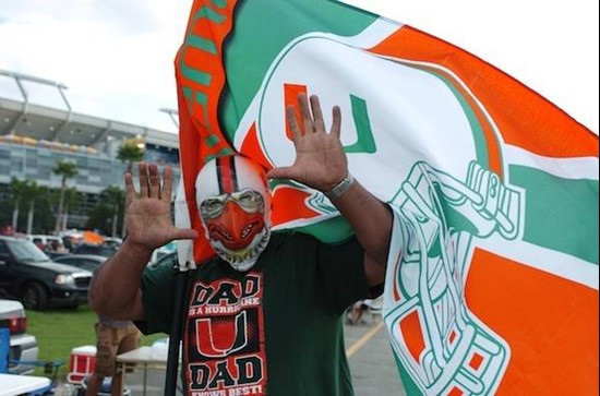 A University of Miami Hurricanes fan shows his team spirit in a game against the Virginia Cavaliers at Land Shark Stadium on November 7, 2009.  Photo...