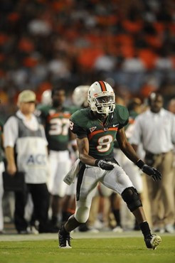 University of Miami Hurricanes defensive back DeMarcus Van Dyke #8 plays in a game against the Florida A&M Rattlers at Land Shark Stadium on October...