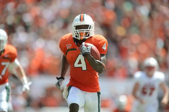University of Miami Hurricanes wide receiver Phillip Dorsett #4 plays in a game against the North Carolina State Wolfpack at Sun Life Stadium on...