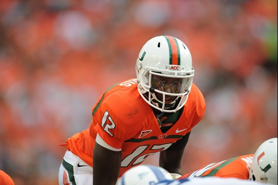 University of Miami Hurricanes quarterback Jacory Harris #12 plays in a game against the Duke Blue Devils at Sun Life Stadium on November 5, 2011....