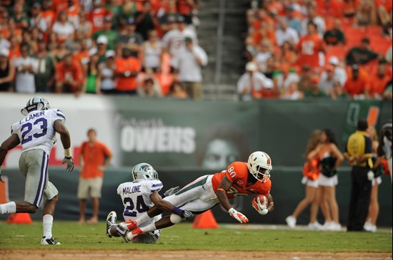 University of Miami Hurricanes wide receiver Rashawn Scott #80 plays in a game against the Kansas State Wildcats at Sun Life Stadium on September 24,...