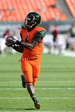 University of Miami Hurricanes running back Lamar Miller #6 catches a pass during pregame drills in a game against the Virginia Tech Hokies at Sun...