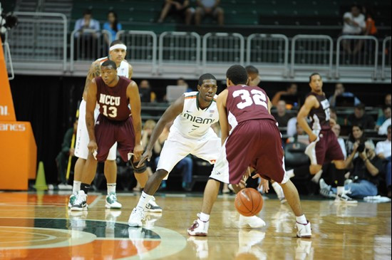 University of Miami Hurricanes guard Malcolm Grant #3 plays in a game against the North Carolina Central Eagles at the BankUnited Center on November...