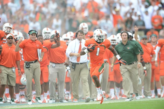 Wide receiver Allen Hums #1 catches a ball in a game against the #12 ranked University of Florida Gators at Sun Life Stadium on September 7, 2013. ...