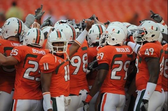 University of Miami Hurricanes gather before a game against the Florida A&M Rattlers at Sun Life Stadium on September 2, 2010.  Photo by Steven Murphy