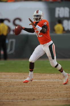 University of Miami Hurricanes quarterback Jacory Harris #12 plays in a game against the Bethune Cookman Wildcats at Sun Life Stadium on October 1,...