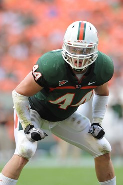 University of Miami Hurricanes linebacker Colin McCarthy #44 plays in a game against the University of South Florida Bulls at Sun Life Stadium on...