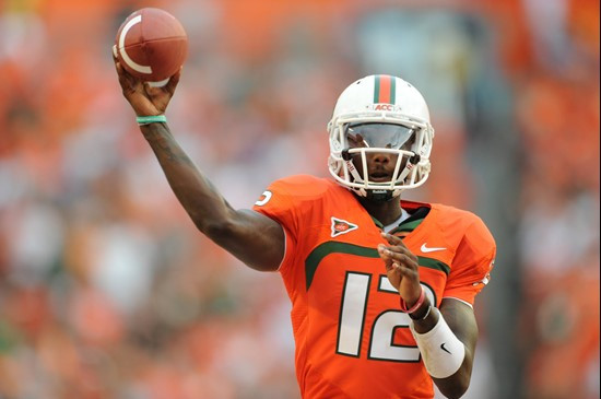 University of Miami Hurricanes quarterback Jacory Harris #12 gets set in shotgun formation during a game against the Kansas State Wildcats at Sun Life...