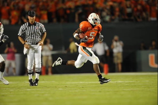 University of Miami Hurricanes running back Javarris James #5 carries the ball against the Oklahoma Sooners at Land Shark Stadium on October 3, 2009. ...