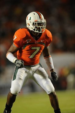 University of Miami Hurricanes defensive back Vaughn Telemaque #7 plays in a game against the Oklahoma Sooners at Land Shark Stadium on October 3,...