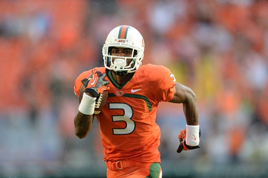 University of Miami Hurricanes wide receiver Stacy Coley #3 plays in a game against the Virginia Cavaliers at Sun Life Stadium on November 23, 2013. ...