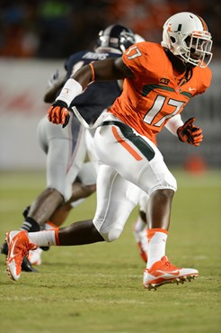 Linebacker Tyriq McCord #17 and the University of Miami Hurricanes defeated the Florida Atlantic Owls at Sun Life Stadium by a final score of 34-6 on...