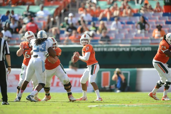 University of Miami Hurricanes quarterback Stephen Morris #17 and the Canes will play in a game against the North Carolina Tar Heels at Sun Life...