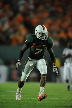 University of Miami Hurricanes defensive back Vaughn Telemaque #7 plays in a game against the North Carolina Tar Heels at Sun Life Stadium on October...