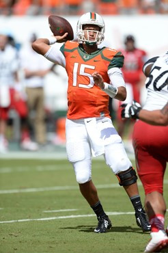 University of Miami Hurricanes quarterback Brad Kaaya #15 plays in a game against the Cincinnati Bearcats at Sun Life Stadium on October 11, 2014. ...