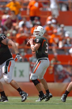 University of Miami quarterback Kyle Wright #3 gets set to take a snap in a game against the Duke University Blue Devils at the Orange Bowl on...