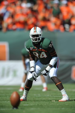 University of Miami Hurricanes linebacker Kelvin Cain #94 plays in a game against the Maryland Terrapins at Sun Life Stadium on November 6, 2010. ...