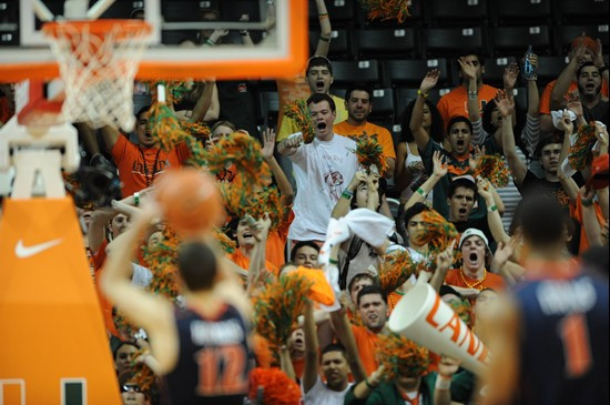 Fans cheer for The University of Miami Hurricanes as they played host to the Virginia Cavaliers at the BankUnited Center on February 5, 2011.    Photo...