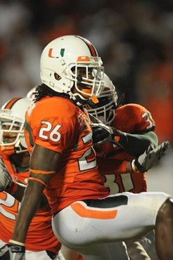University of Miami Hurricanes defensive back Ray Ray Armstrong #26 plays in a game against the Florida A&amp;M Rattlers at Sun Life Stadium on...