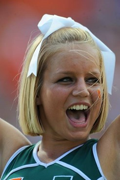 A University of Miami Hurricane cheerleader shows her team spirit in a game against the Duke Blue Devils at Land Shark Stadium on November 21, 2009. ...