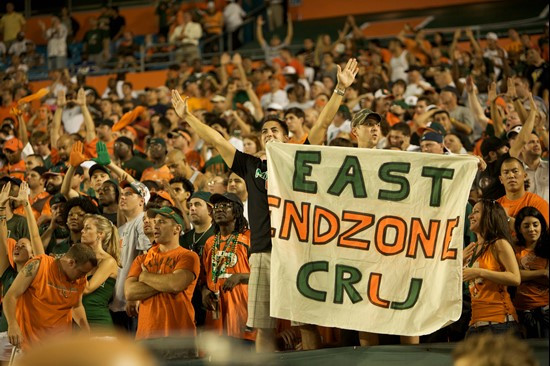 University of Miami Hurricane fans show their team spirit in a game against the North Carolina Tar Heels at Sun Life Stadium on October 23, 2010. ...