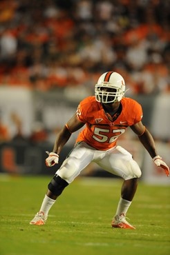 University of Miami Hurricanes linebacker Denzel Perryman #52 plays in a game against the Virginia Cavaliers at Sun Life Stadium on October 27, 2011. ...