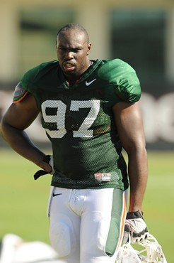 University of Miami defensive end Adewale Ojomo #97, during a spring practice at Greentree Practice Fields on March 26, 2011.  Photos by Steven...