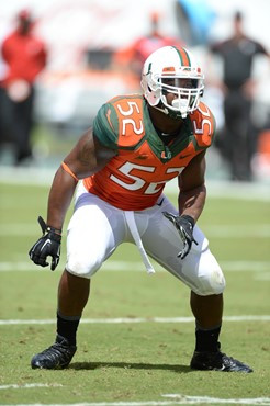 University of Miami Hurricanes linebacker Denzel Perryman #52 plays in a game against the Cincinnati Bearcats at Sun Life Stadium on October 11, 2014....