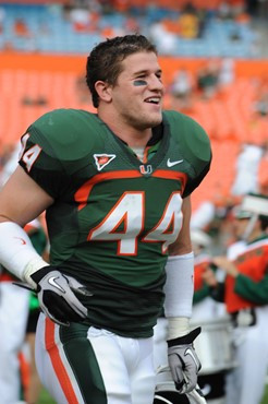 University of Miami Hurricanes linebacker Colin McCarthy #44 plays in a game against the University of South Florida Bulls at Sun Life Stadium on...