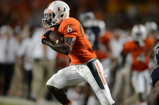 Wide receiver Herb Waters catches a pass against the Florida Atlantic Owls.  The University of Miami Hurricanes defeated the Owls at Sun Life Stadium...