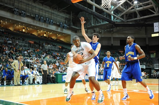 University of Miami Hurricanes center Reggie Johnson #42 plays in a game against the Mcneese State Cowboys at the BankUnited Center on November 24,...
