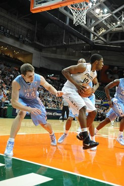 University of Miami Hurricanes forward, Raphael Akpejiori #10 and the Canes play host to the North Carolina Tar Heels at the BankUnited Center on...
